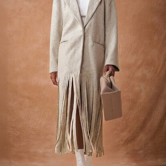 Light Grey Casual Women's Long Sleeves Fringed Hem Tweed Coat - Picture 4 of 8